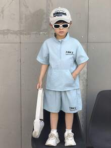 SHEIN Little Byeori Young Boys Casual Printed Short Sleeve T-Shirt And Shorts Set - Baby Blue - View 5