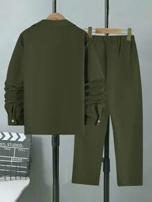 Vacaura 2 件青少年春季休闲绅士单排扣灰色长袖衬衫 + 松紧腰斜口袋休闲裤两件套服装 - 軍綠色 - 查看 2