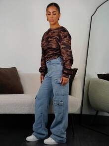 SAYEHFBABY 女士休闲简约迷彩印花长袖短款卫衣 - 彩色 - 查看 6