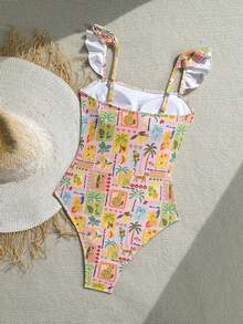 Soleia Modest Cute Flounce Print One-Piece Swimsuit, Suitable For Beach Vacation - Pink - View 2