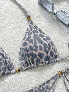 Soleia 女士豹纹撞色系带串珠装饰比基尼两件套，度假装 - 灰色 - 查看 4