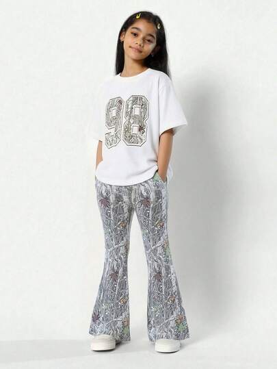 Young Girls Camouflage Tree Branch & Leaf, Sports Number 98 Print, BM, Retro Sweet American Style, Campus Vibe, Sexy Net Vibe, Citywalk, Street Atmosphere, Casual Campus Sports Style, Knit Round Neck Letter Pattern Loose T-Shirt And Fitted Flare Pants Casual 2-Piece Set