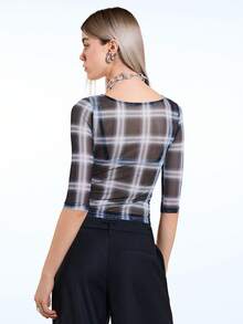 COUREZ Quarter Length Sleeve Check Mesh Top/Y2K Spring Clothes For Women Cute Sexy Tops Going Out Outfits Party Rave Tops Elegant Long Sleeve Tops Summer Outfits Summer Tops - Black and White - View 3