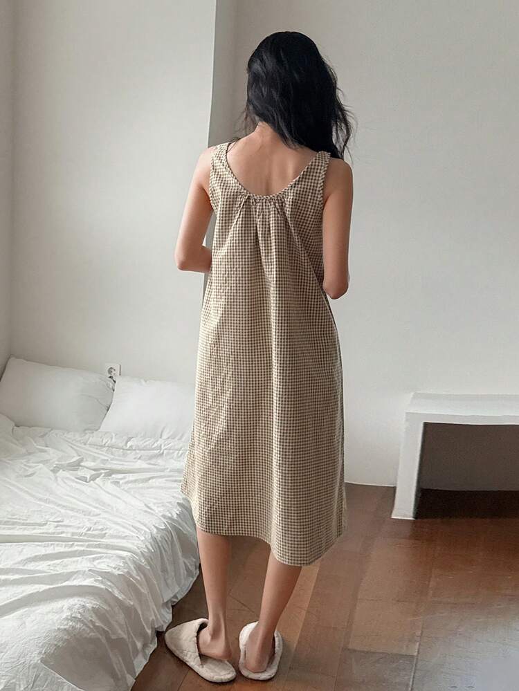 Plaid Pleated Sleeveless A-Line Dress, Women Loungewear