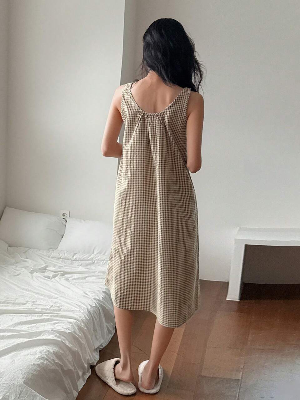 Plaid Pleated Sleeveless A-Line Dress, Women Loungewear