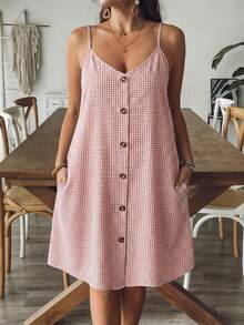 SHEIN VCAY Plus Size Women Plaid Single-Breasted Pocket Loose Strap Casual Dress - Redwood - View 3