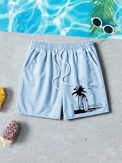 Manfinity RSRT Men's Summer Vacation Light Blue Swim Shorts Beach Palm Tree Surfboard Seagull Tropical Scenery Silhouette Print Drawstring Elastic Waist Quick Dry Board Shorts Holiday Swim Trunks Going Out Casual Beachwear,Men's Coconut Tree Print Drawstring Waist Beach Shorts
