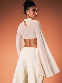 MISSGUIDED Super Crop Top With Extra Long Waterfall Sleeves High Neck Lace Trim Detail Chiffon Blouse Fall Winter Fashion - White - View 3