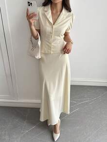 Strévra 2pcs Women Casual Collared Petal Sleeve Top And Skirt Set - White - View 7