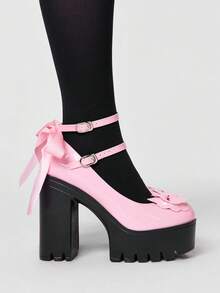 ROMWE Kawaii Women's Sexy Platform Mary Jane Shoes With Lace Bow Embellishment At The Back; Stylish Double-Strap Adjustable Back Strap With Buckle For Spring And Autumn; Perfect For Parties, Outings, And Dates. Y2K 2000s Style - Pink - View 3