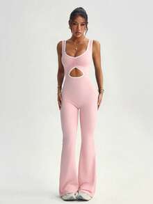 Dewbera Bộ jumpsuit ống loe màu đen dành cho nữ, thích hợp cho mùa xuân/hè, phối màu tương phản phía trước, xếp ly khoét lỗ, cạp cao, cổ chữ U, lưng chữ U, phù hợp cho mặc thường ngày, tập gym, yoga, chạy bộ. - Hồng - Xem 6