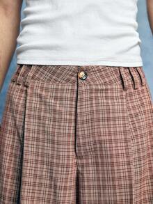 ROMWE MEN Street Life 男士钢琴格纹休闲宽松百搭短裤 - 棕色 - 查看 2