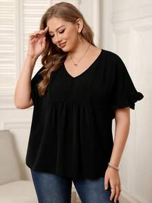 EMERY ROSE Plus Size Women's  Vacation Casual Dark Blue Mom Shirts With Ruffled Sleeves For Summer - Black - View 3