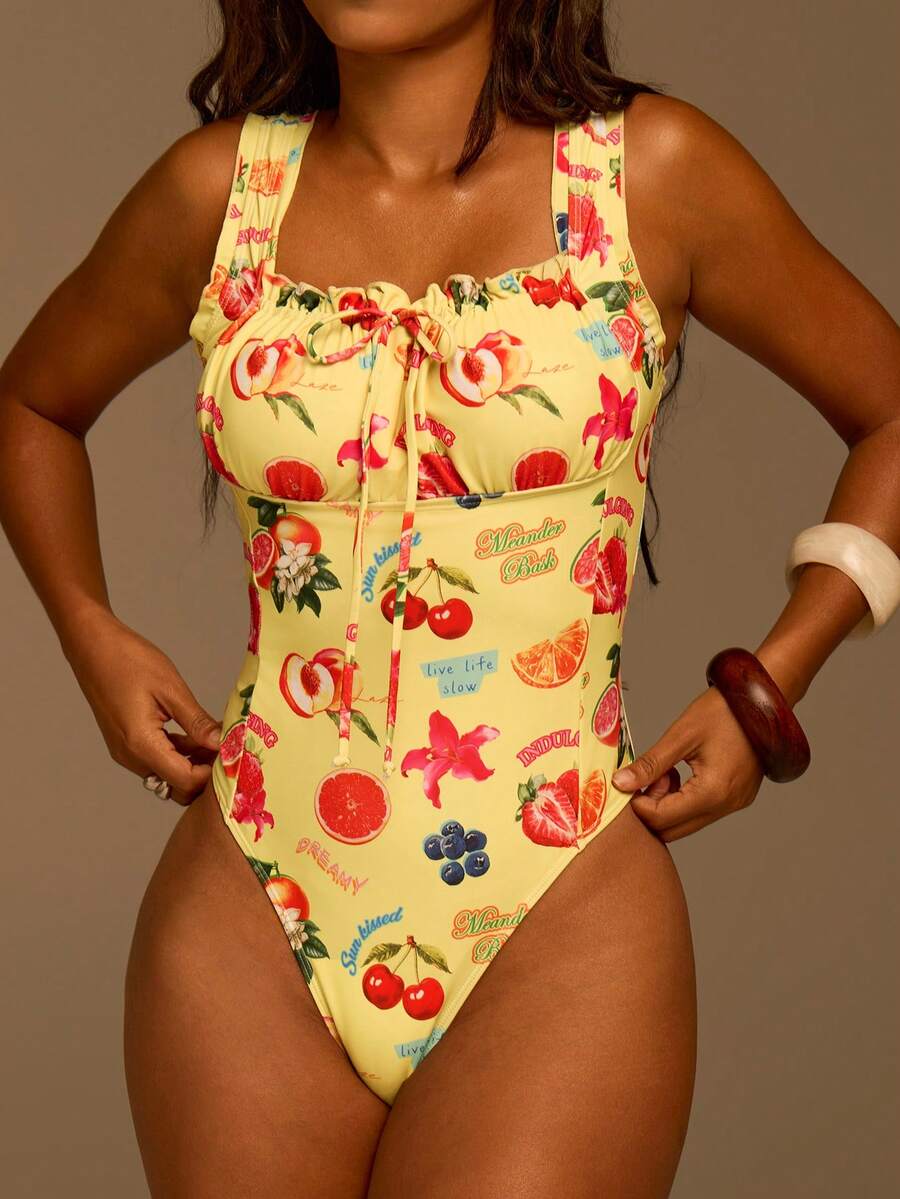 Athîral Ladies' Cute Fruit Printed Backless Ruffle Edge One-Piece Swimsuit,Summer Yellow Floral Western Style Holiday Swimwear For Beach Vacation - Yellow - View 1