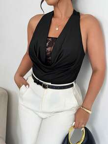 Elenzga 大码女士优雅深V领透视蕾丝连体衣，弹力面料，春夏款 - 黑色 - 查看 5