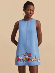 Travachic 女士碎花圆领无袖休闲宽松牛仔连衣裙 - 淺色水洗藍 - 查看 3