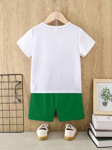 SHEIN GraphicGems Spring And Summer Toddler Boys Casual Fashion Creative Personalized Fresh Cute Kawaii Cartoon Face Green Plaid Hat, Clover, Star, Four-Leaf Clover Pattern Letter Slogan Print Casual Basic Short T-Shirt And Shorts Set, Comfortable Daily Wear Cozy Summer Styles Suitable For Spring And Summer Baby Boy Outfits - Multicolor - View 5