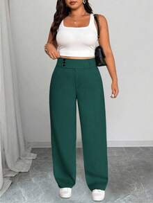 SHEIN PETITE CURVE Celana Panjang Wanita Ukuran Besar Warna Polos dengan Kancing Pinggang, Saku, dan Potongan Lebar - Dark Green - View 7