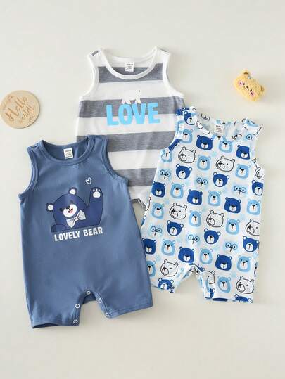 3pcs Newborn Baby Unisex Casual Knitted Striped Cartoon Pattern Sleeveless Romper Set, Summer