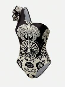 Swim Oasis Traje de baño de una pieza con volantes, estampado tropical, atar al frente para mujer, ideal para vacaciones de verano en la playa - Blanco y Negro - Ver 5