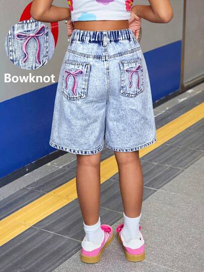 SHEIN Pantalones cortos vaqueros sueltos y holgados con lavado claro y decoración de lazo, para niñas preadolescentes, atuendos de verano para playa, concierto y rave