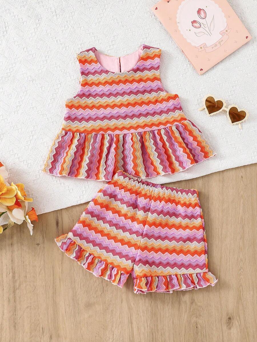 SHEIN Set de 2 piezas de top sin mangas y shorts a rayas tejidos para niña - Beis - Ver 1