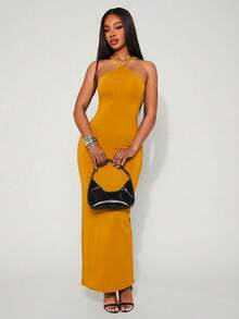 SHEIN SXY 优雅露背连衣裙，纯色，性感，夏季 - 黃色 - 查看 5