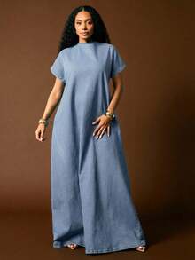 Vixey Đầm maxi denim tay bồng vai rớt cổ chữ V khoét sâu phía sau - Rửa nhẹ - Xem 4