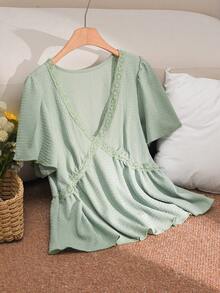 SHEIN Cosyjoi 大码女式休闲服装，大码女式束腰上衣，荷叶袖上衣，外套，春夏绿色女式T恤 - 薄荷綠 - 查看 6