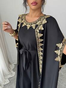 SHEIN Elenzya Women's Sleeveless Open Front Gold Lace Splice Cuff Long Cardigan & Fitted Maxi Dress 2-Piece Set, Elegant For Party - Black - View 6