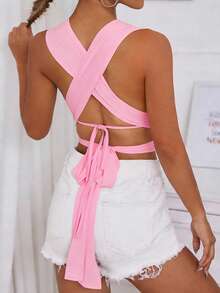 Glamine Áo nữ màu trơn, thiết kế hở lưng, buộc dây, gợi cảm, đa năng, thích hợp cho hẹn hò và đi chơi. - Hồng - Xem 2