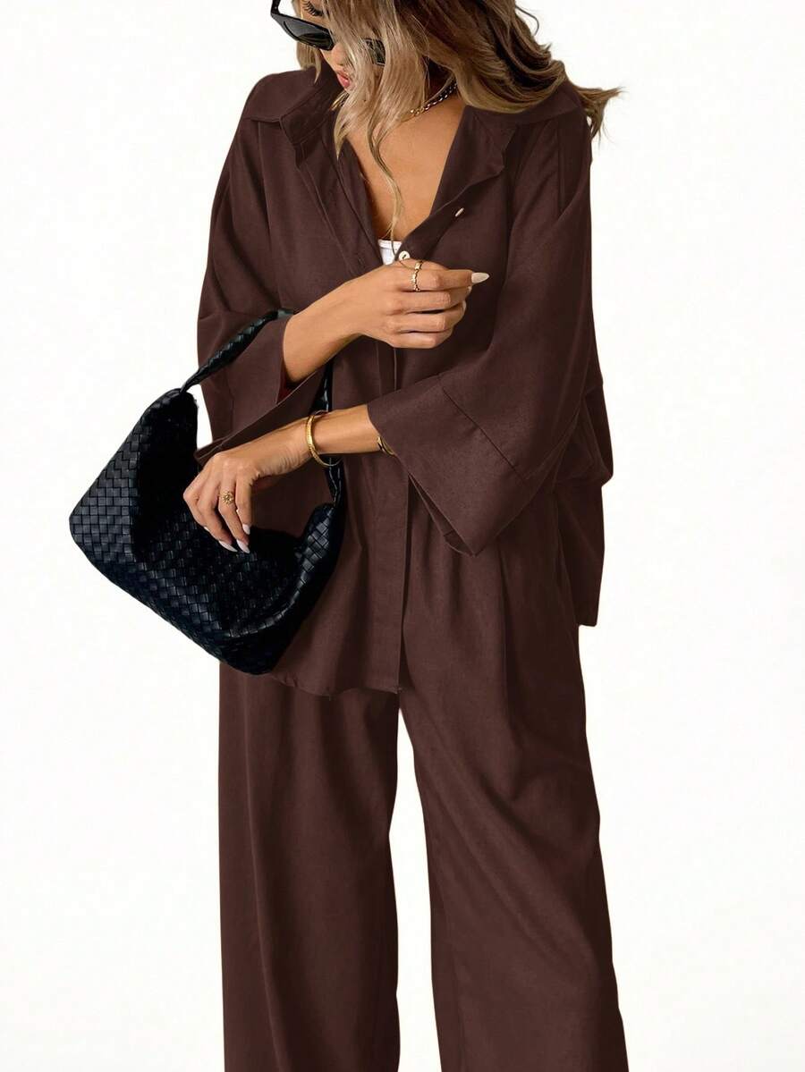 Aveloria Modichic 2pcs/Set Women Blended Side Slit Loose Shirt And High Waist Wide Leg Pants Elegant Business Casual Women  - Chocolate Brown - View 1