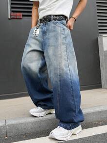 EVRINFINITE 男士休闲宽松破洞喇叭蓝色牛仔裤 - 深色水洗藍 - 查看 5