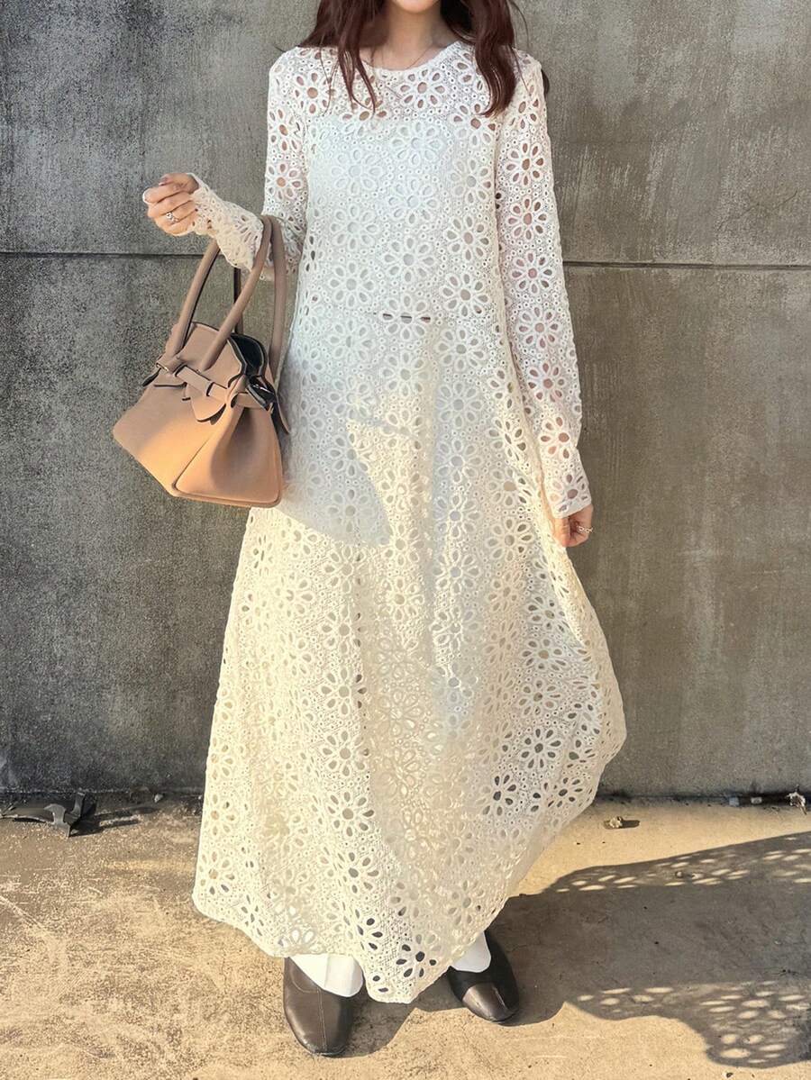 FRIFUL Women's Solid Beige Sheer Lace Fabric Layered Flared Loose Casual Dress,Wedding Guest Dress Women - Beige - View 1