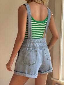 DAZY 女士休闲宽松做旧牛仔背带裤，宽松版型，适合春夏穿着 - 藍色 - 查看 2