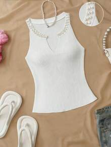 Franclia 新款春夏欧美风修身仿珍珠奢华露背针织上衣，优雅女士日常通勤、派对、聚会场合皆宜 - 白色 - 查看 6