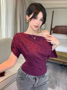 DAZY Women's Solid Color Batwing Short Sleeve Ruched Fashion T-Shirt Summer - Burgundy - View 2