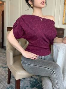 DAZY Women's Solid Color Batwing Short Sleeve Ruched Fashion T-Shirt Summer - Burgundy - View 5