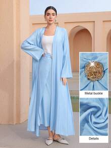 Graceveil Women's Elegant 2-Piece Set: Solid Color Casual Long Sleeve Cardigan & Metal Button Decorated Flared Skirt - Blue - View 6