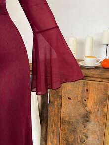 CovetEZ Flared Hem Burgundy Short Plus Size Dress With Ruched Bust And Extra-Long Flare Sleeves For Elegant Women - Burgundy - View 3