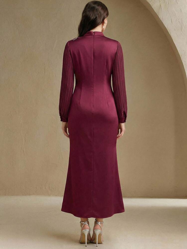 Women's Round Neck Long Sleeve Pleated Floral Dress, Suitable For Party, Sequin, Wedding, Spring, Summer, Elegant, Valentine's Day, Carnival