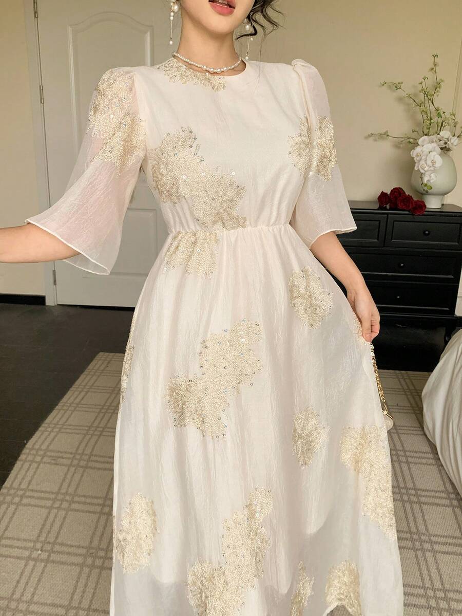 DAZY French Embroidery Niche Design Sense Elegant Loose Elegant Women Long Dress Maxi Dress Sundress - Beige - View 1