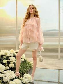 MOTF PREMIUM WOMEN'S LAYERED RUFFLED FLARE SLEEVE ROUND NECK ROMANTIC TOP, SPRING/SUMMER - Baby Pink - View 1