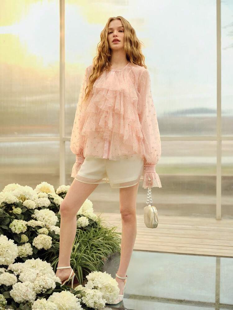 WOMEN'S LAYERED RUFFLED FLARE SLEEVE ROUND NECK ROMANTIC TOP, SPRING/SUMMER
