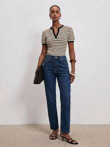 ATUI Studio Blusa de punto de manga corta casual con botones, volantes y rayas para mujer - Albaricoque - Ver 2