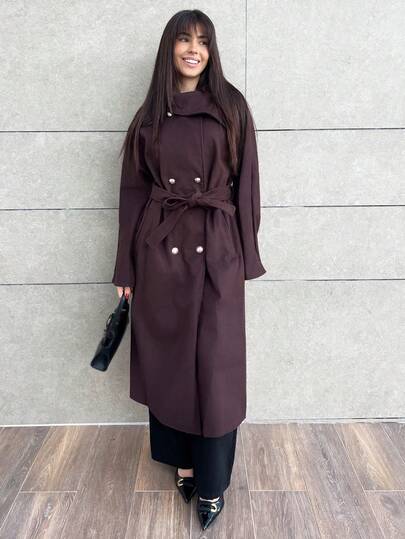 Hitanina 女士纯色双排扣羊毛大衣，时尚通勤，秋冬