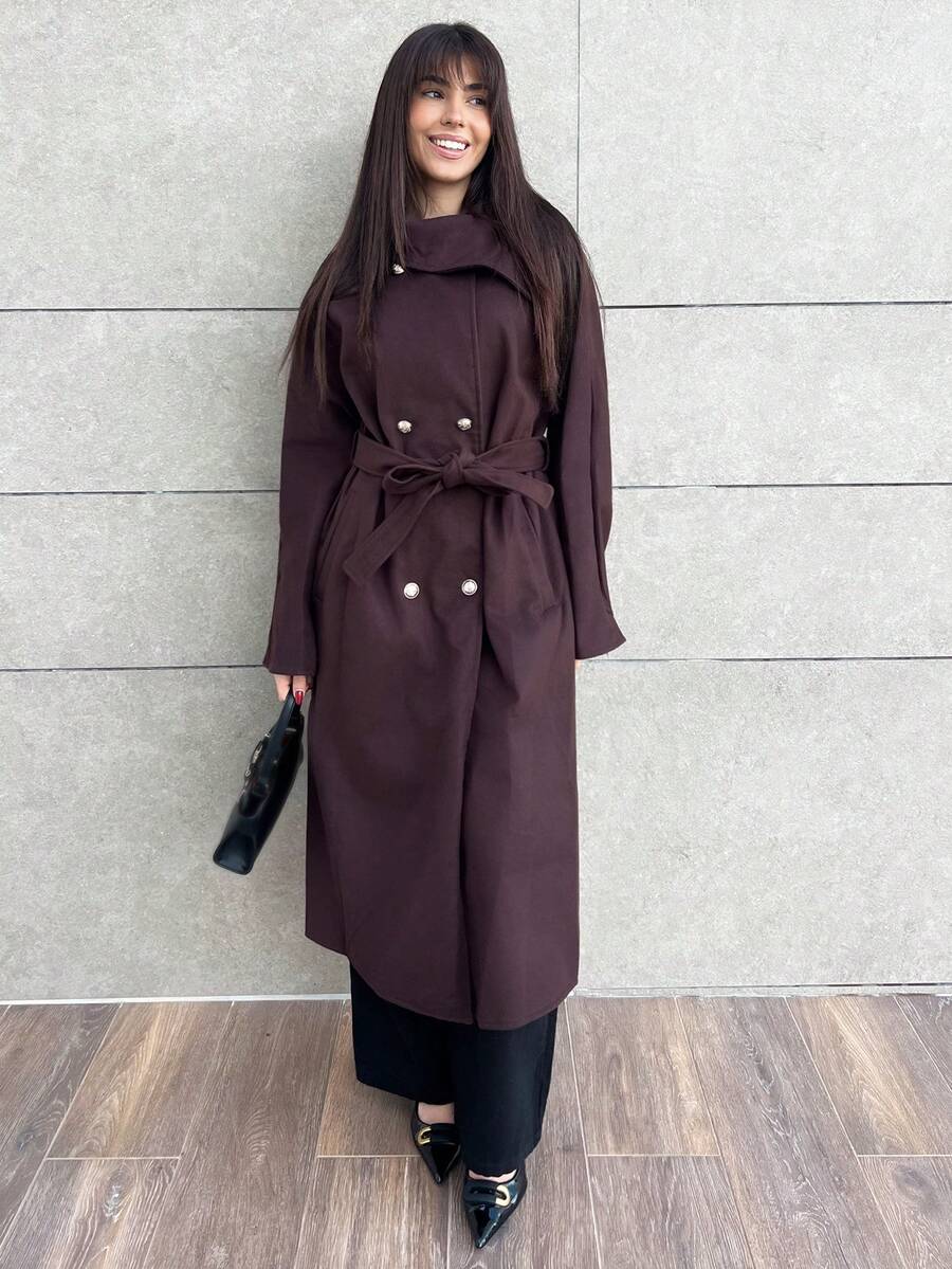 Hitanina 女士纯色双排扣羊毛大衣,时尚通勤,秋冬 - 咖啡棕 - 查看 1