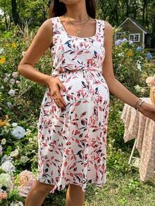 SHEIN 孕妇夏季休闲度假风全身树叶印花方领系腰无袖连衣裙 - 彩色 - 查看 6