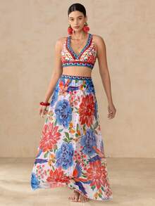 Swim Oasis 女士夏季沙滩印花时尚性感比基尼泳衣套装，含罩衫和裙子 - 彩色 - 查看 7