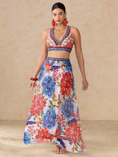 Swim Oasis 女士夏季沙滩印花时尚性感比基尼泳衣套装，含罩衫和裙子